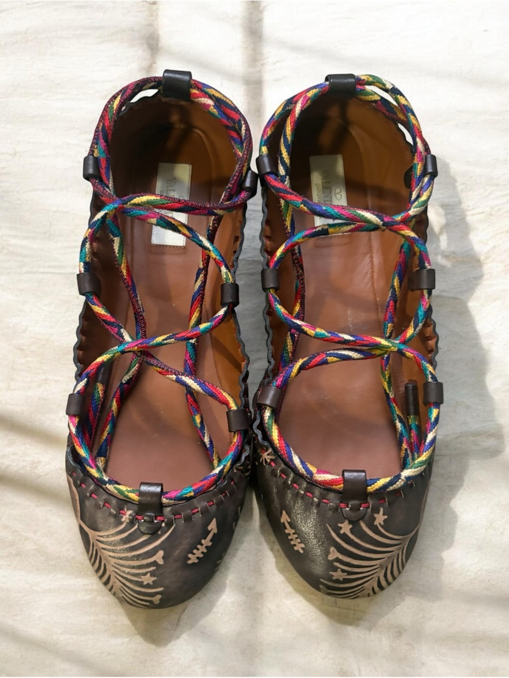 Valentino Garavani Brown Leather Multicolor Lace-Up Sandals